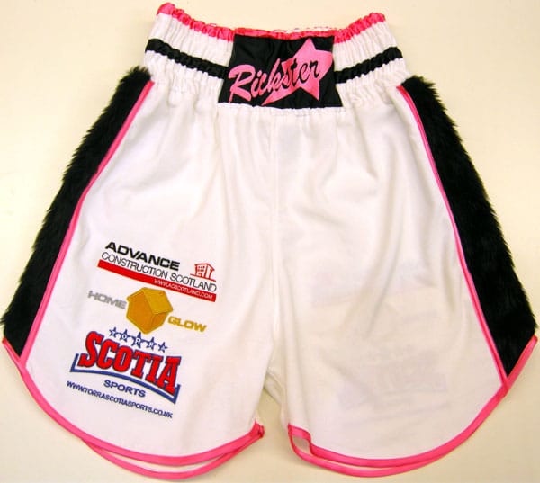 ricky burns world champion pink fur velvet boxing shorts and ring jacket suzi wong creations torra scotia sports glasgow kevin mitchell boxing news rickster t-shrits team custom customised lonsdale adidas reebok boxing boots grant gloves frank warren personal personalised trunks north west amir khan kell brook leightweight