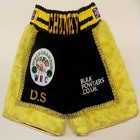 james chunky degale custom made personalised black and yellow fur boxing shorts and trunks hand made suzi wong creations team chunky hoody t-shirt black velvet suzi wong creations london olympic gold