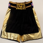 anthony joshua heavyweight olympic gold medalist boxing shorts custom made black and gold velvet suzi wong creations hand made matchroom