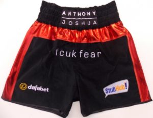 anthony joshua boxing shorts trunks kit black red velvet heavyweight boxing champions olympic gold medal winner ali suzi wong creations matchroom fcuk fear