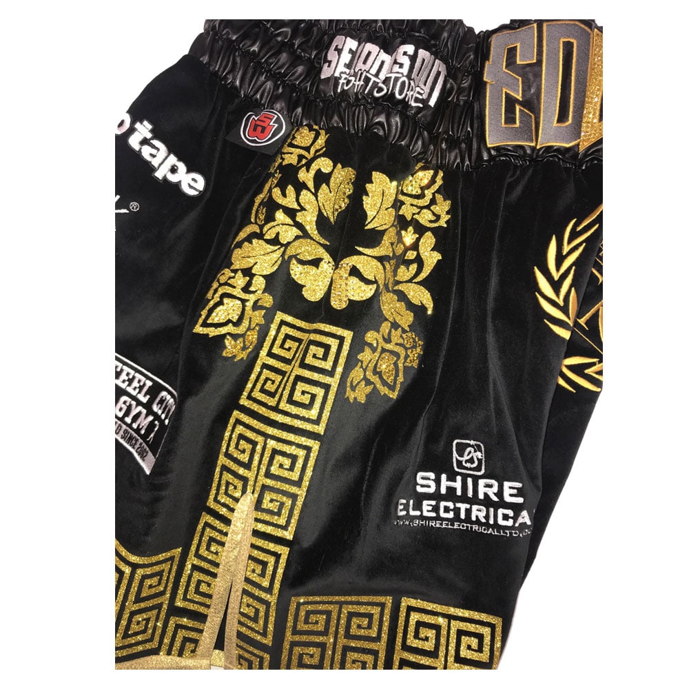 sunny Edwards black velvet versace boxing shorts