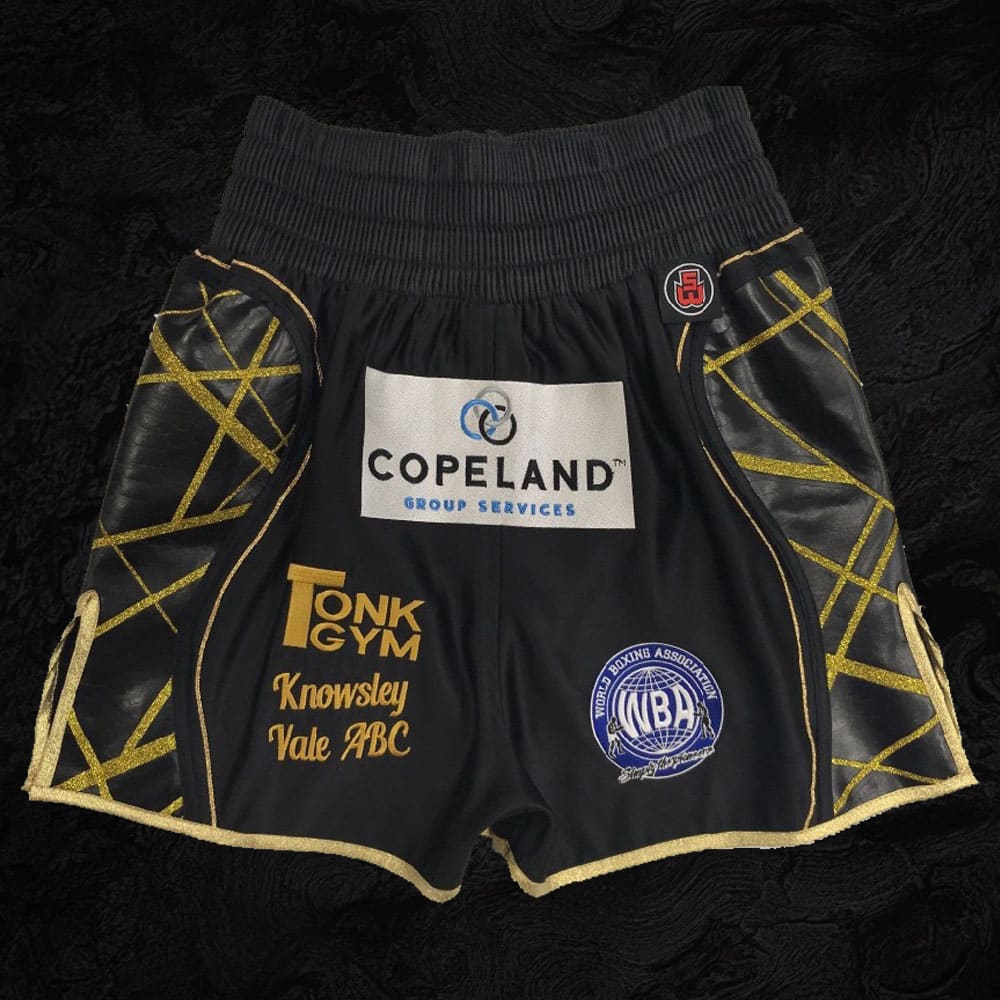 robbie Davies black and gold boxing shorts