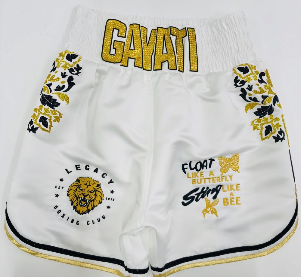 white satin boxing shorts with gold sparkle versace print and Austrian Crystals name