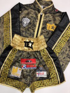 green camo boxing shorts and ring jacket custom made Suzi Wong