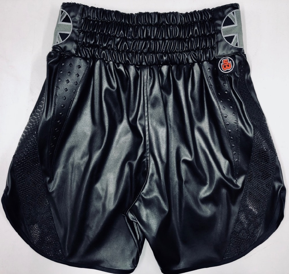 James Degale black boxing shorts back leather
