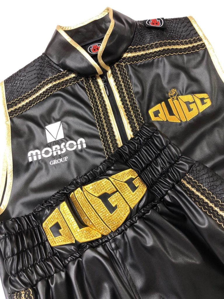 Scott Quigg black boxing shorts and ring jacket with gold Mexican trim