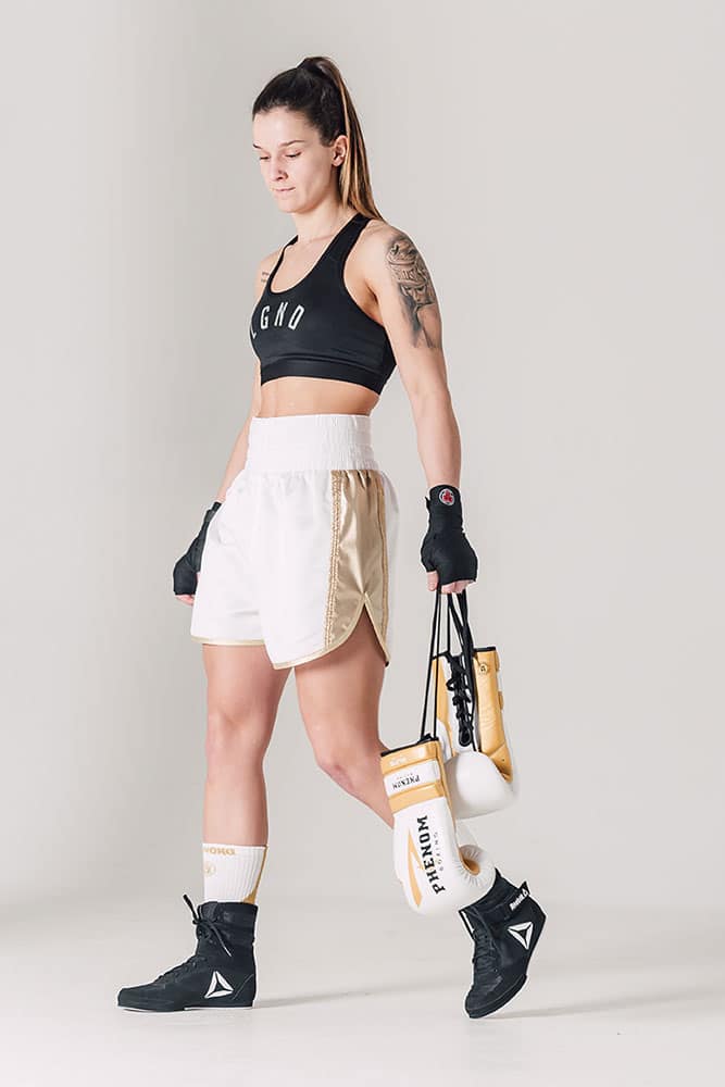 womens white and gold Suzi Wong boxing shorts and socks