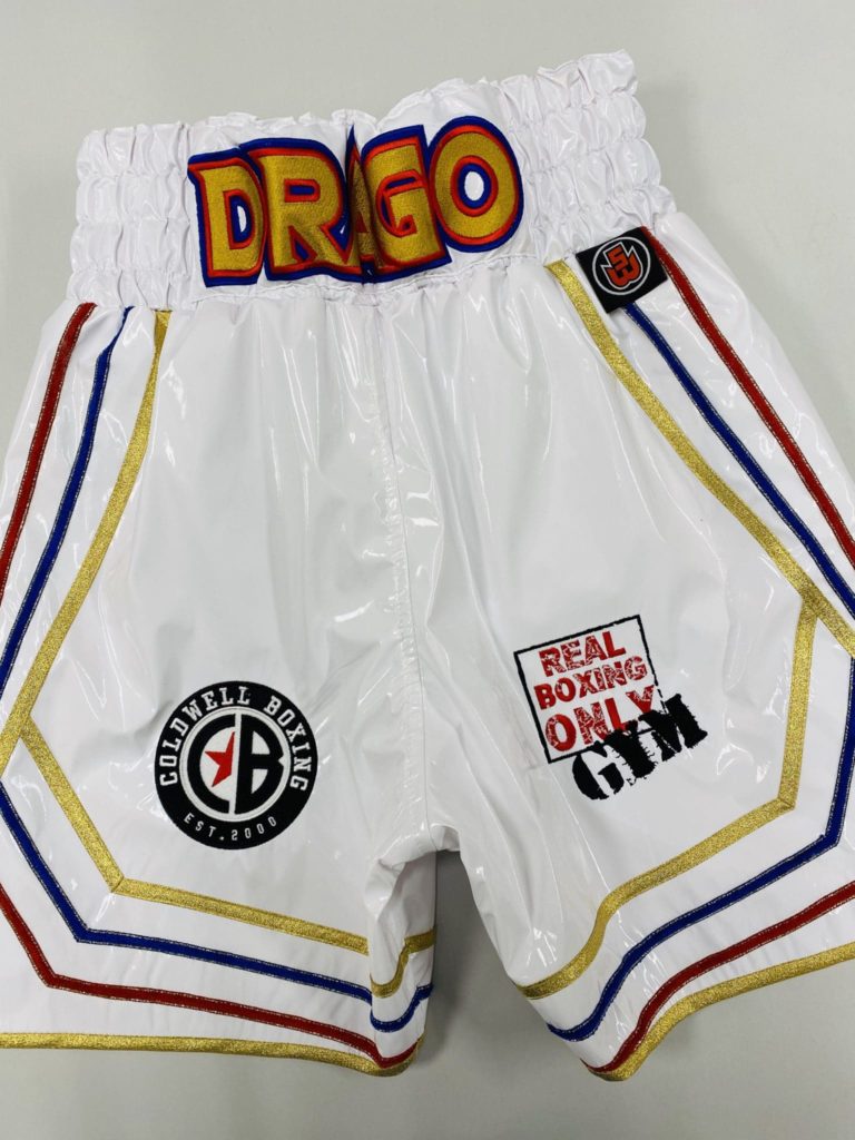 Hopey Price White Wetlook Boxing Shorts | Suzi Wong Creations Ltd