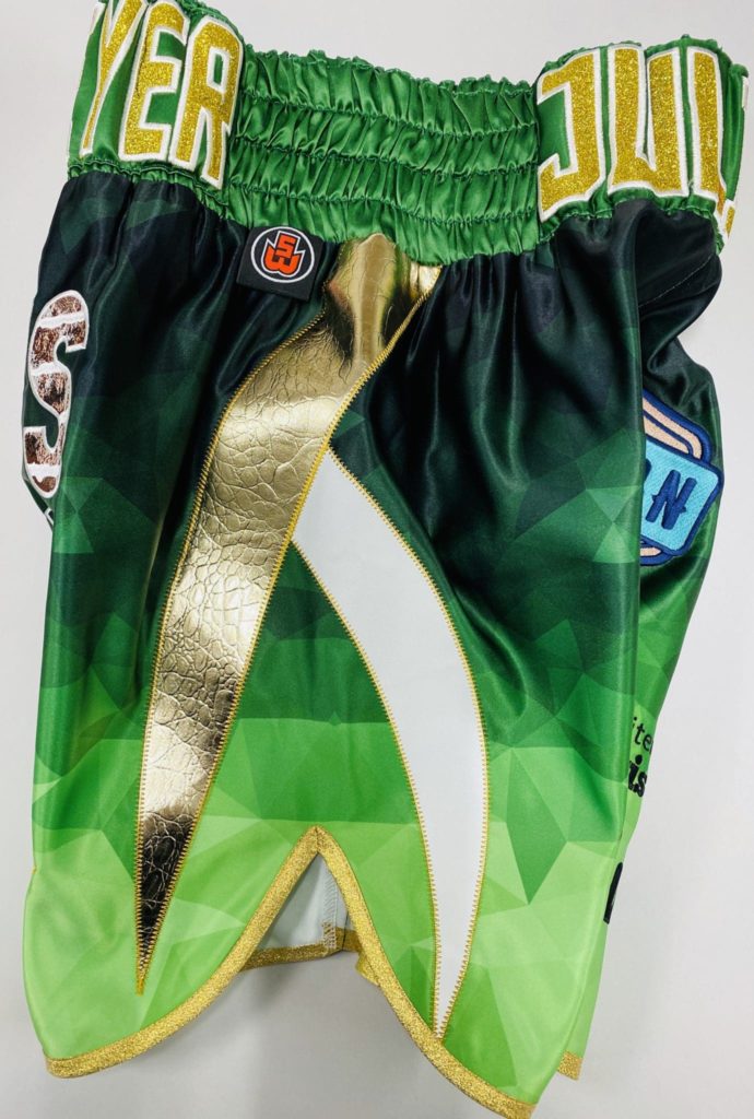 Relatieve grootte fabriek legering Green and Gold Custom Made Boxing Shorts | Suzi Wong Creations Ltd