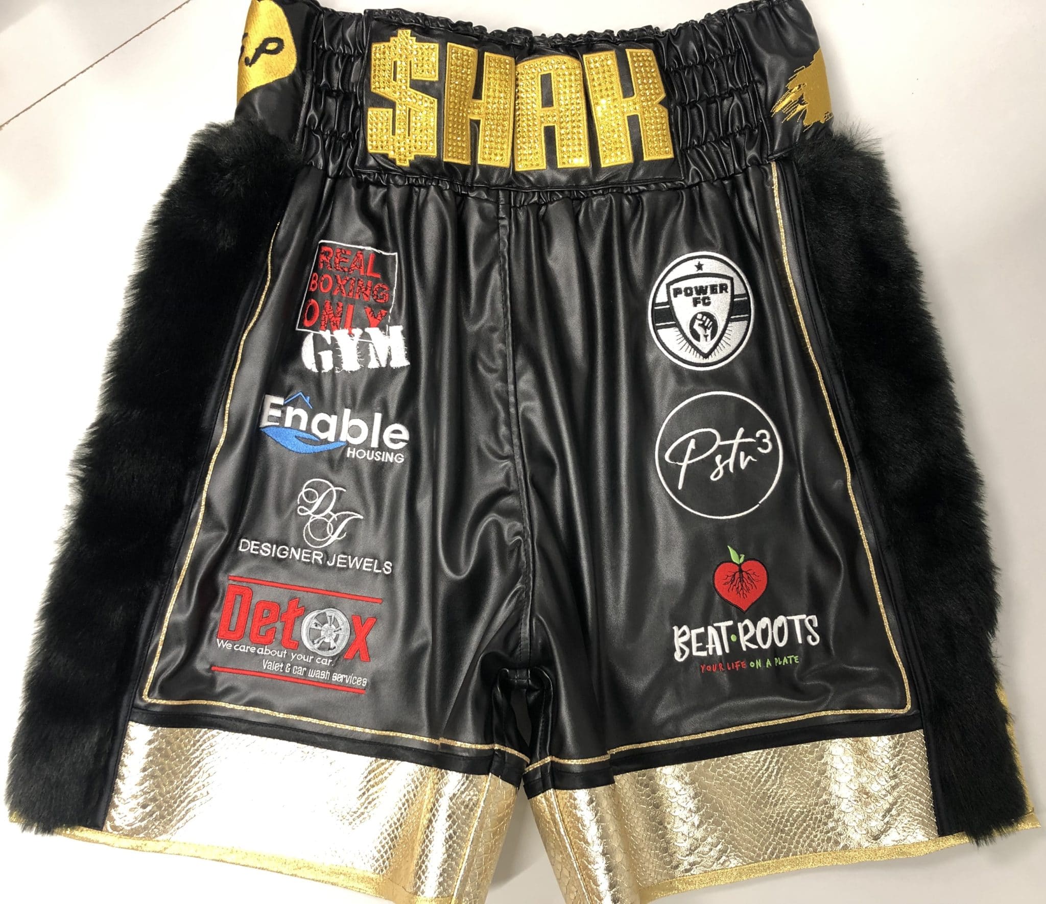 shakan potters black leather boxing shorts with fur