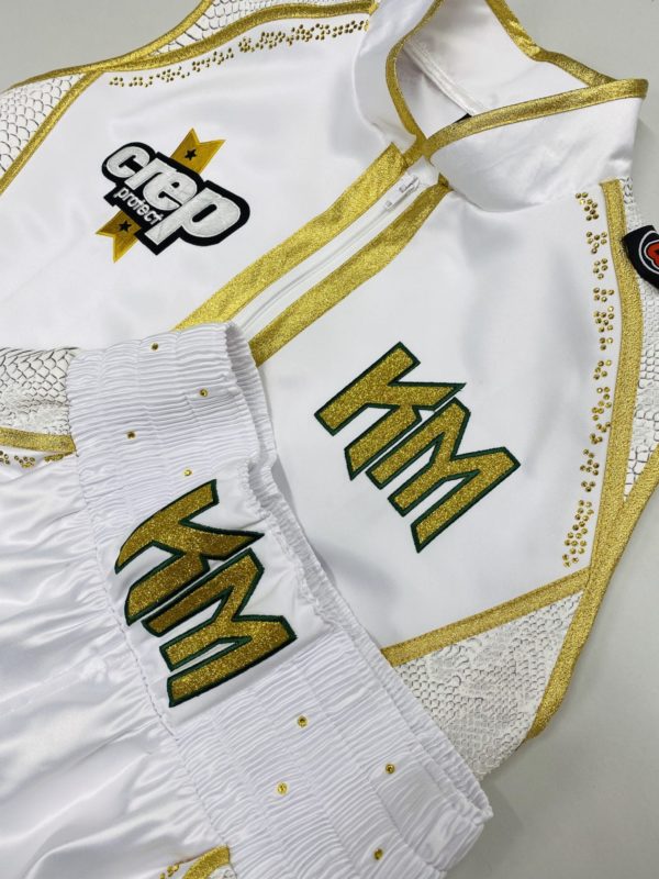 khaleel maid white boxing shorts and ring jacket