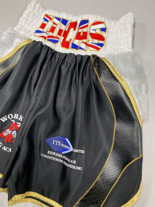 black snakeskin boxing shorts, Union Jack embroidery