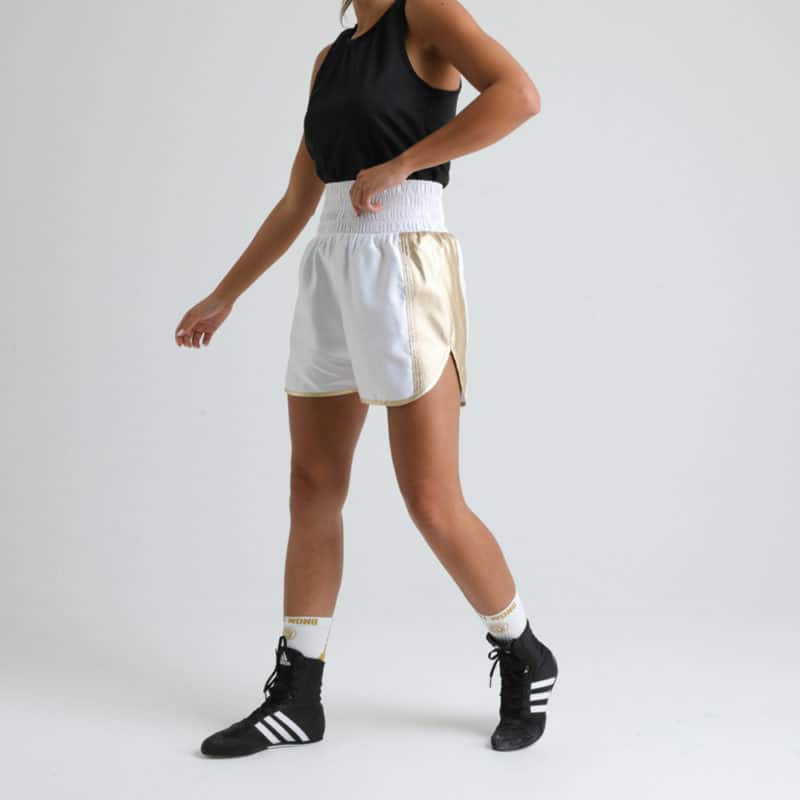 LEATHER Womens Curved Boxing Short White and Gold