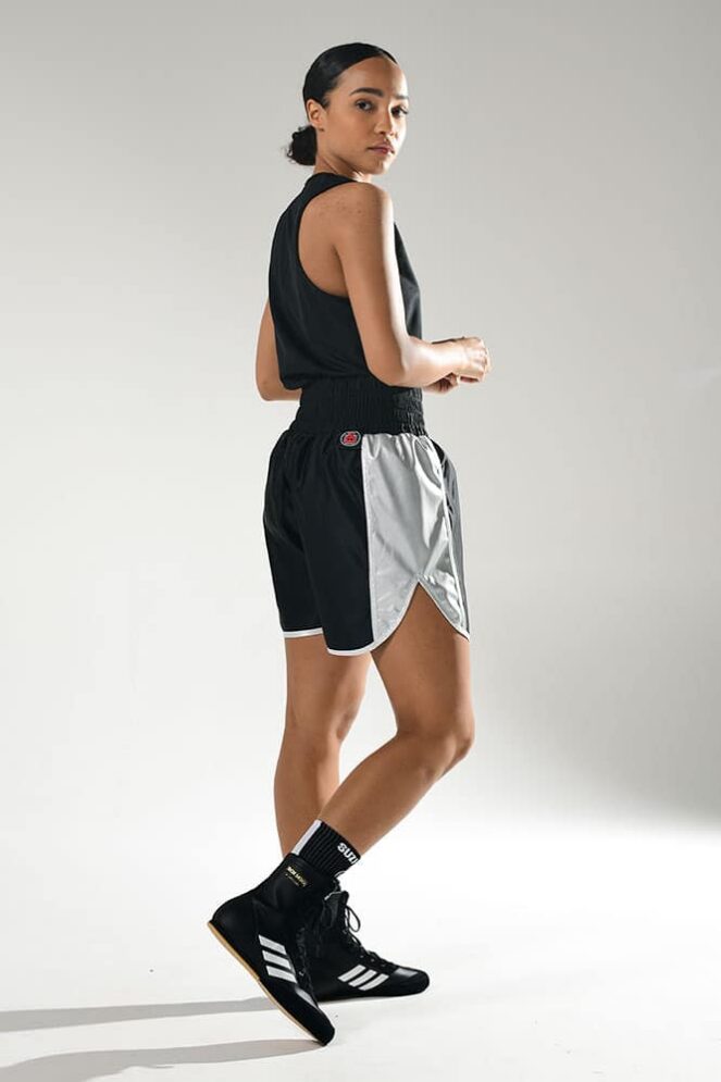 LEATHER Womens Curved Boxing Short Black and Silver on female model