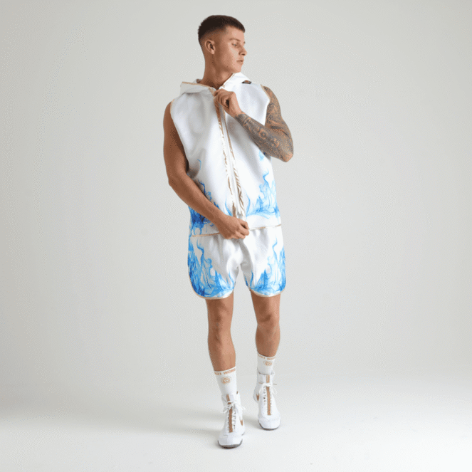 Blue & White Smoke Customisable Boxing Shorts on Man