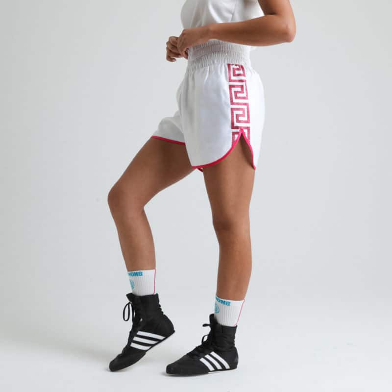 VERSACE style Women's Boxing Shorts White and Pink Close Up Side