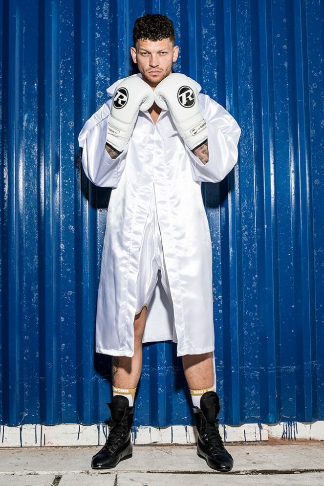 White customisable boxing ring robe on boxer