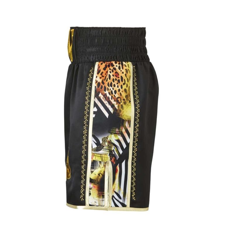 Black and Gold Jungle Metric Customisable Boxing Shorts Side Black and Gold Jungle Metric Customisable Boxing Shorts Side