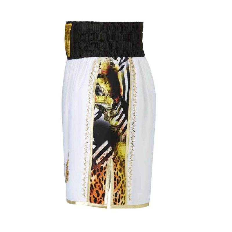 White and Gold Jungle Metric Customisable Boxing Shorts Side White and Gold Jungle Metric Customisable Boxing Shorts Side