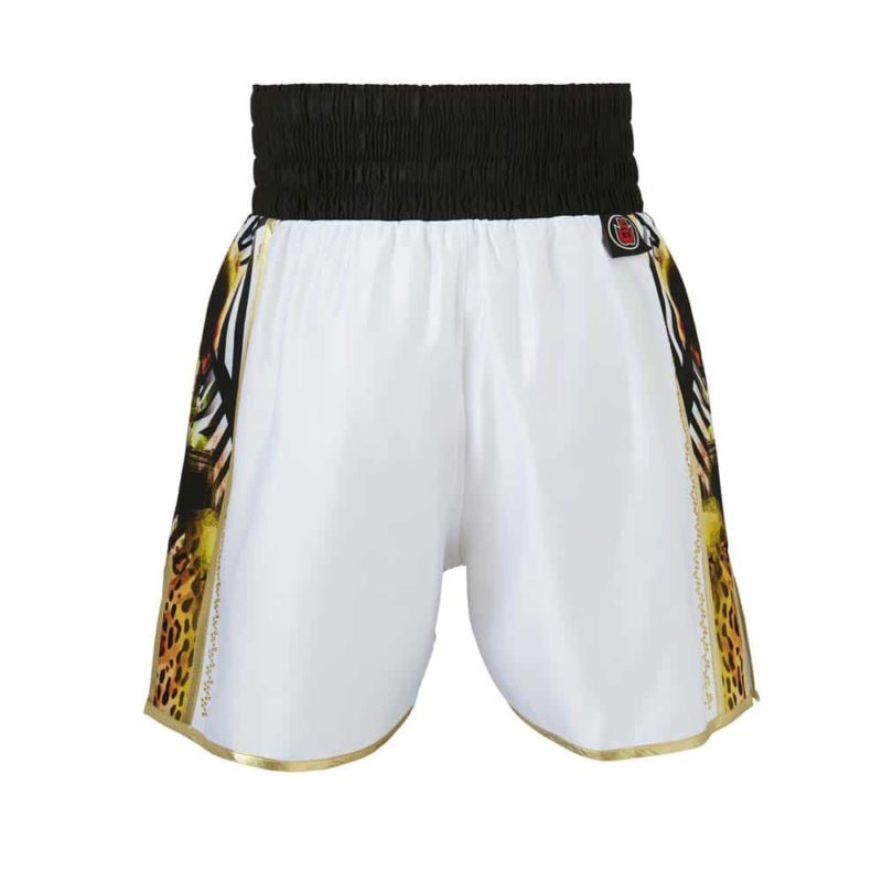 White and Gold Jungle Metric Customisable Boxing Shorts Back White and Gold Jungle Metric Customisable Boxing Shorts Back