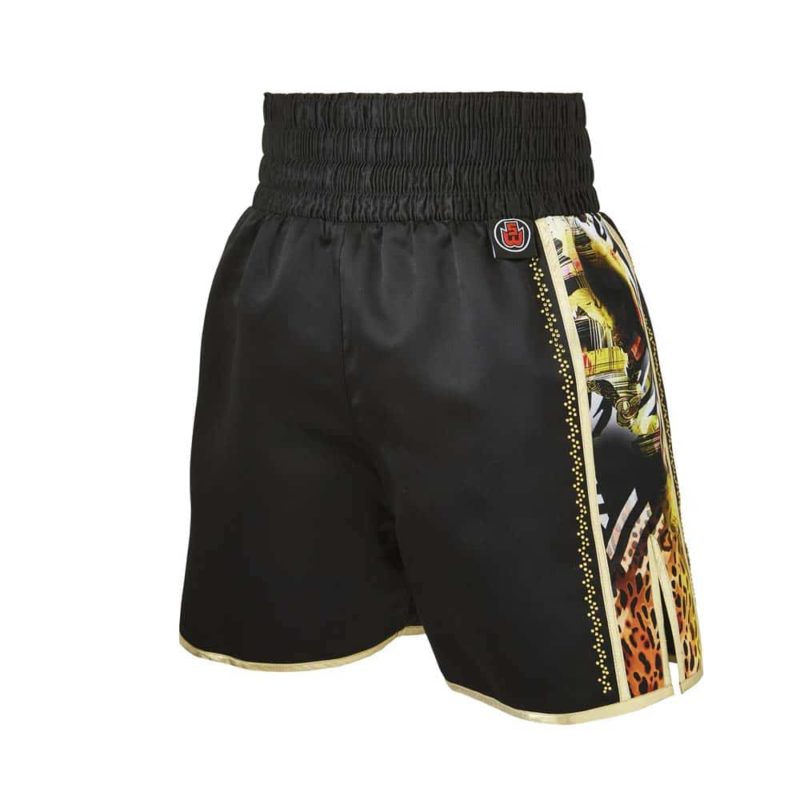 Black and Gold Jungle Metric Customisable Boxing Shorts Back Black and Gold Jungle Metric Customisable Boxing Shorts Back