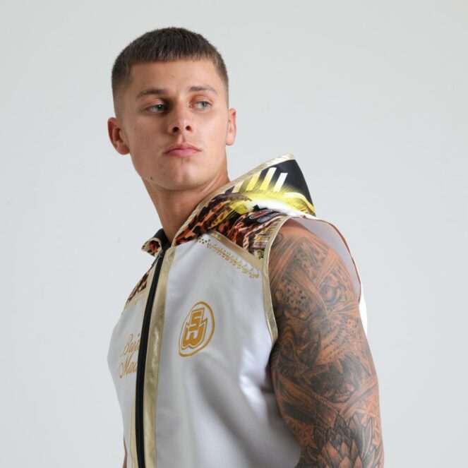 Jungle Metric White and gold Boxing Ring Jacket with hood up
