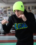 LGND Neon Yellow Beanie Hat and Hoodie on Boxer in the Gym