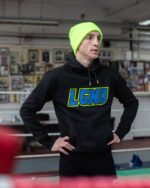 LGND Neon Yellow Beanie Hat and Spirit Hoodie on Boxer in the Gym