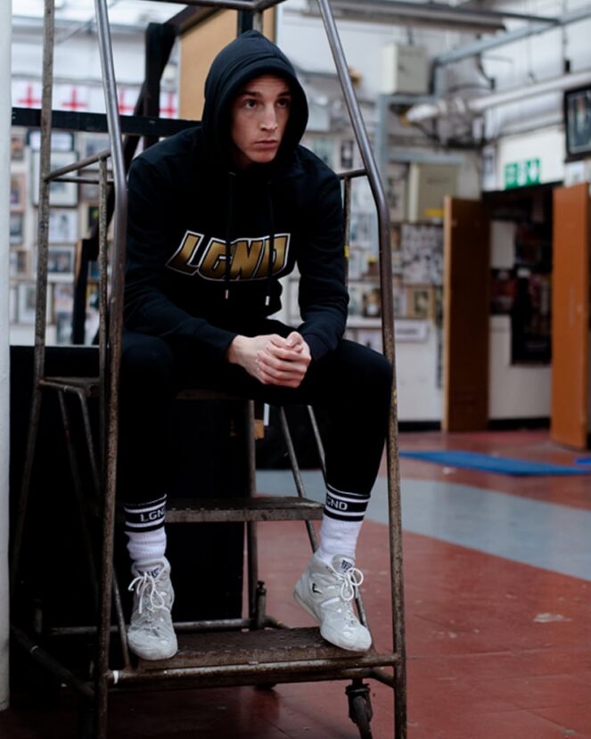 White LGND Socks and Spirit Hoody with Gold Logo