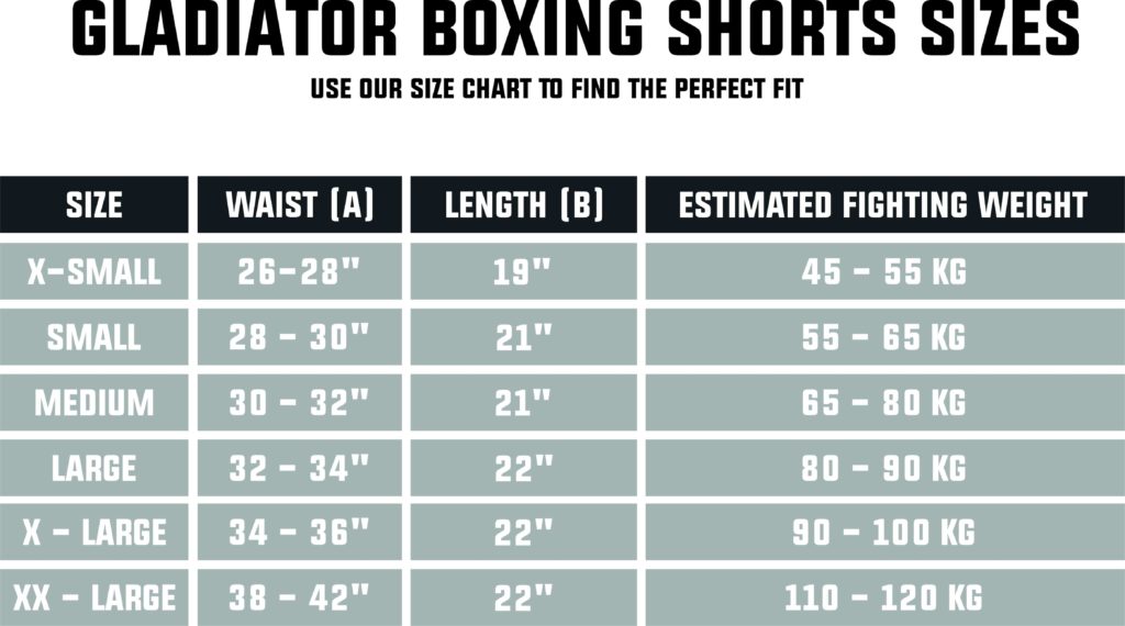 Gladiator Boxing Shorts Size Table