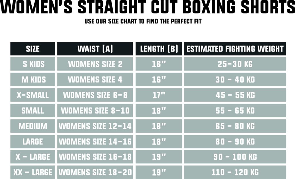 Women's Straight Cut Boxing Shorts Size Table