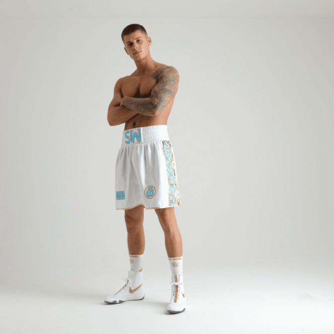 ROYALTY White and Teal Short Boxing Shorts