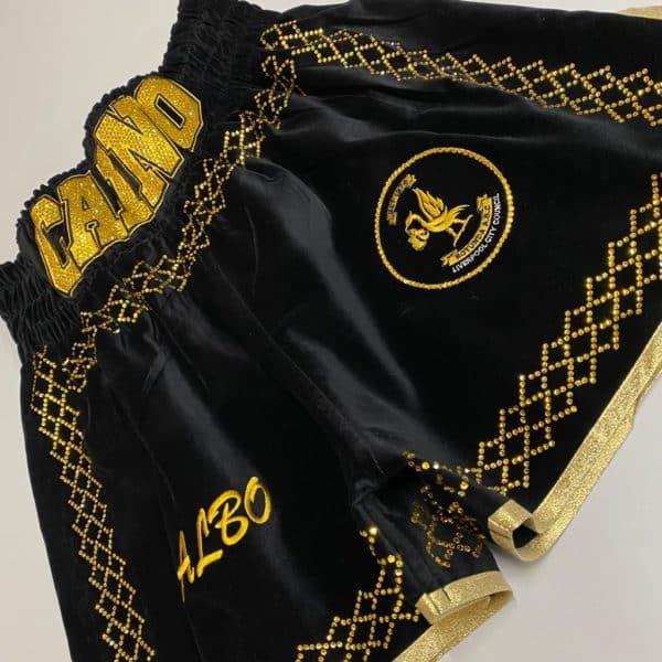 Cain Alexander Black Velvet with Gold Crystal Pattern Custom Boxing Shorts Front View