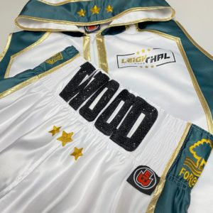 Leigh Wood White Satin with Gold Leather Custom Boxing Short and Custom Ring Jacket Kit Back View