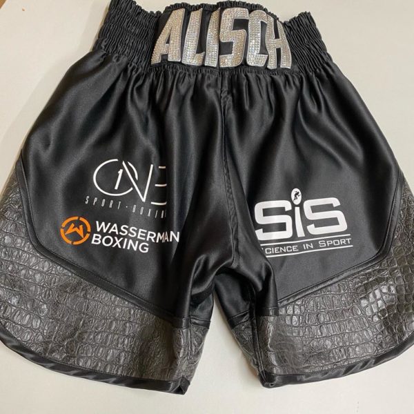 Sophie Alisch Black Satin and Snakeskin Custom Boxing Shorts Front View