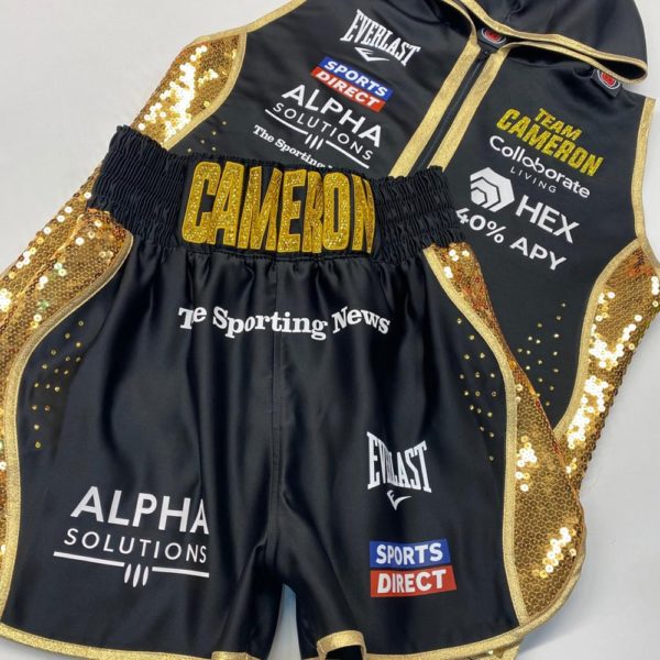 Chantelle Cameron Black Satin Gold Sequin and Crystals Custom Boxing Shorts and Custom Boxing Ring Jacket Front View