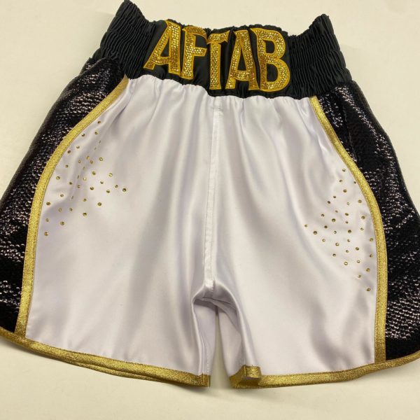Aftab Luxury Satin Custom Boxing with Black Sequins and Crystals Front View