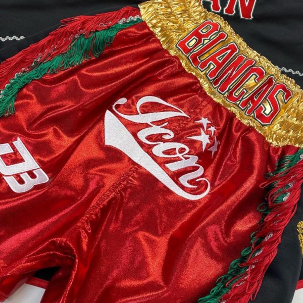 Daniel Blancas Satin and Wet look Embroidered Mexican Themed Custom Boxing Shorts Front View