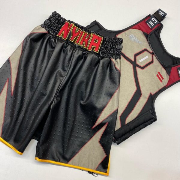 David Nyika Black Leather Mandalorian Inspired Custom Boxing Shorts and Custom Boxing Ring Vest Kit