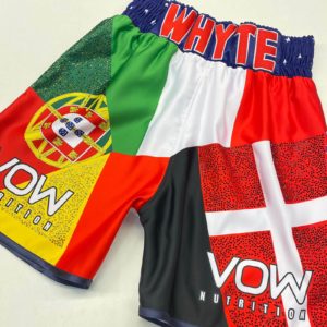 Dillian Whyte Satin Flag with Crystals Custom Boxing Shorts Front View