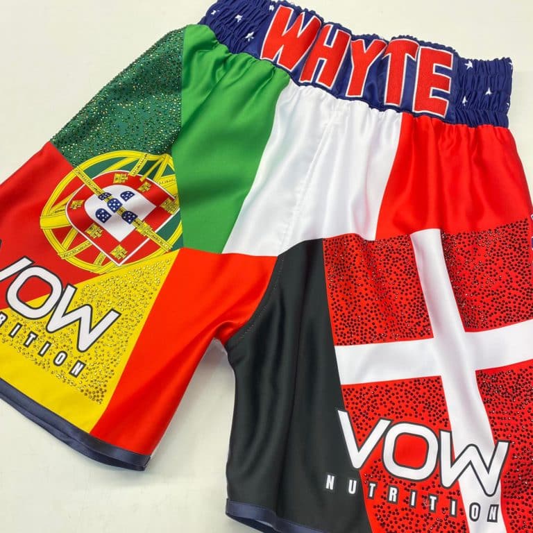 Dillian Whyte Satin Flag with Crystals Custom Boxing Shorts Front View