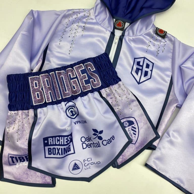Ebanie Bridges Lilac Satin Crystal Custom Gladiator Shorts and Custom Cropped Ring Jacket Zoomed Up Front View