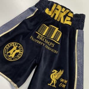 Jake Harrison Navy Velvet Navy Snakeskin Gold Detail Custom Boxing Shorts Front View