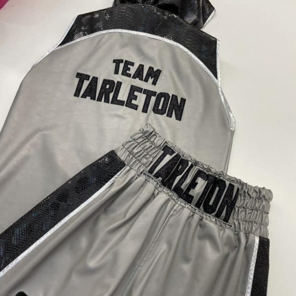 Kieran Tarleton Grey Leather Black Snakeskin Silver Trim Custom Boxing Shorts and Custom Boxing Ring Jacket Back View