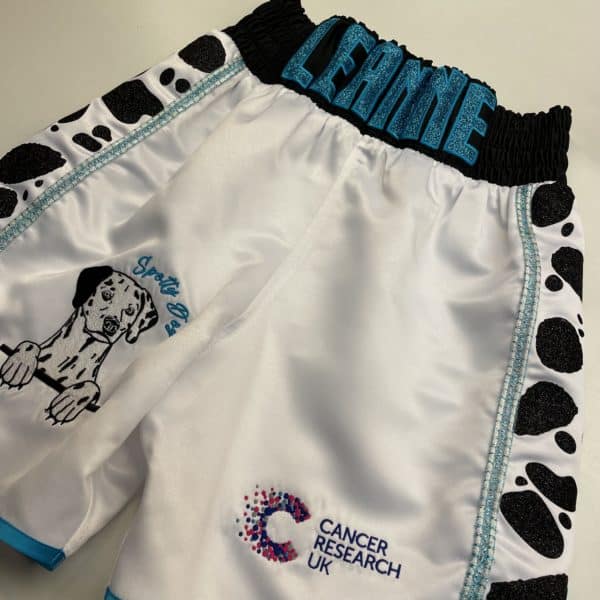 Leanne Clark White Satin Sparkle Print Dalmatian Custom Boxing Short Front View