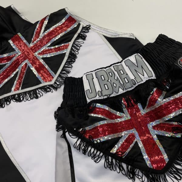 Luke Watkins Luxury Satin Sequin Union Jack Custom Boxing Short and Custom Boxing Ring Jacket Back View