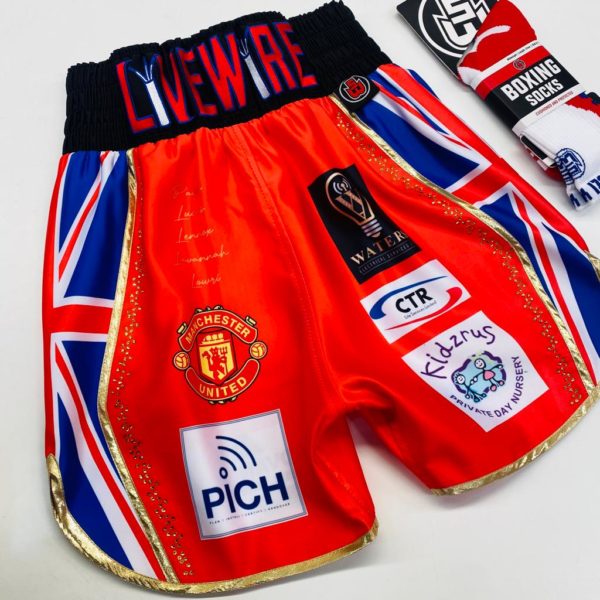 Marc Leach Red Satin Britain Inspired Custom Boxing Shorts And X Sole Boxing Socks Back View