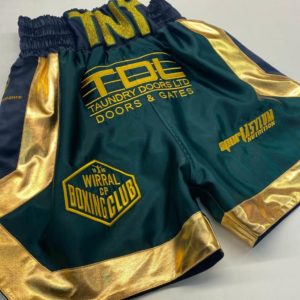 Mason Cartwright Satin Blue and Gold Wet Look Custom Boxing Shorts Front View