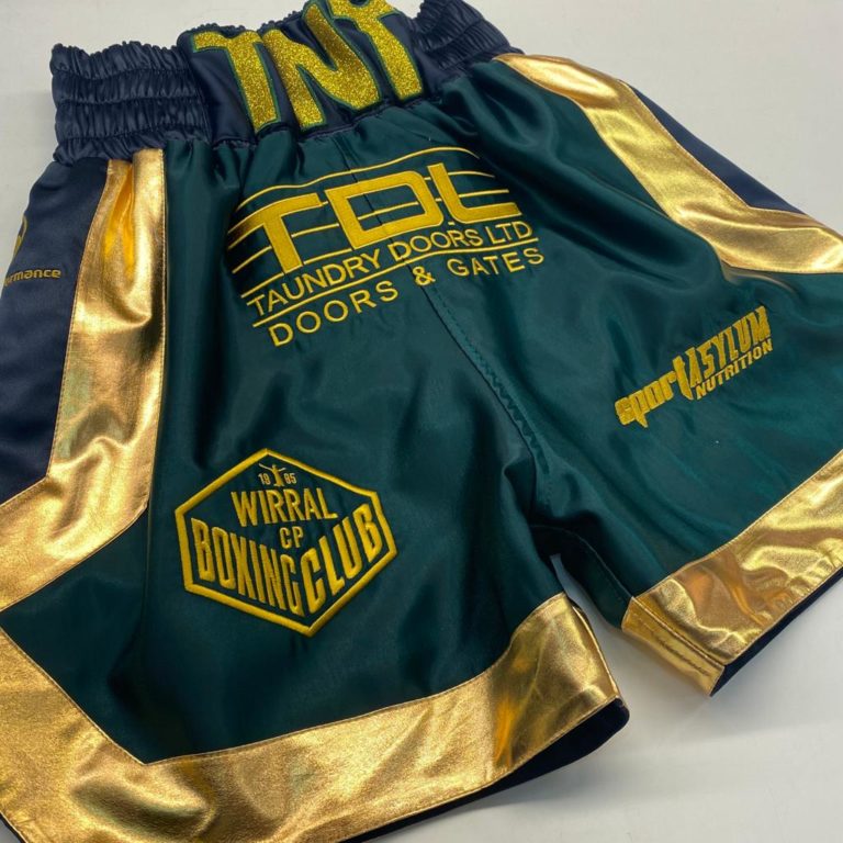 Mason Cartwright Satin Blue and Gold Wet Look Custom Boxing Shorts Front View
