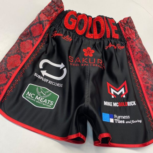 Michael McGoldrick Black Satin with Red Snakeskin Panel Custom Boxing Shorts Front View